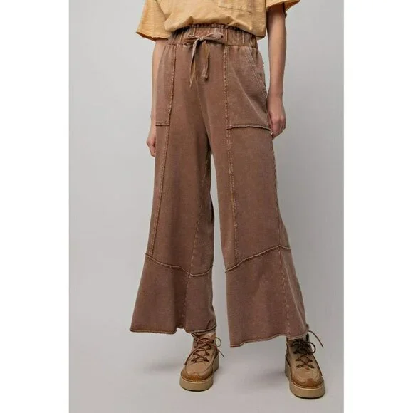 Chill Vibes Mineral Washed Terry Knit Wide Leg Pants in Choco Brown - Picture 2 of 5
